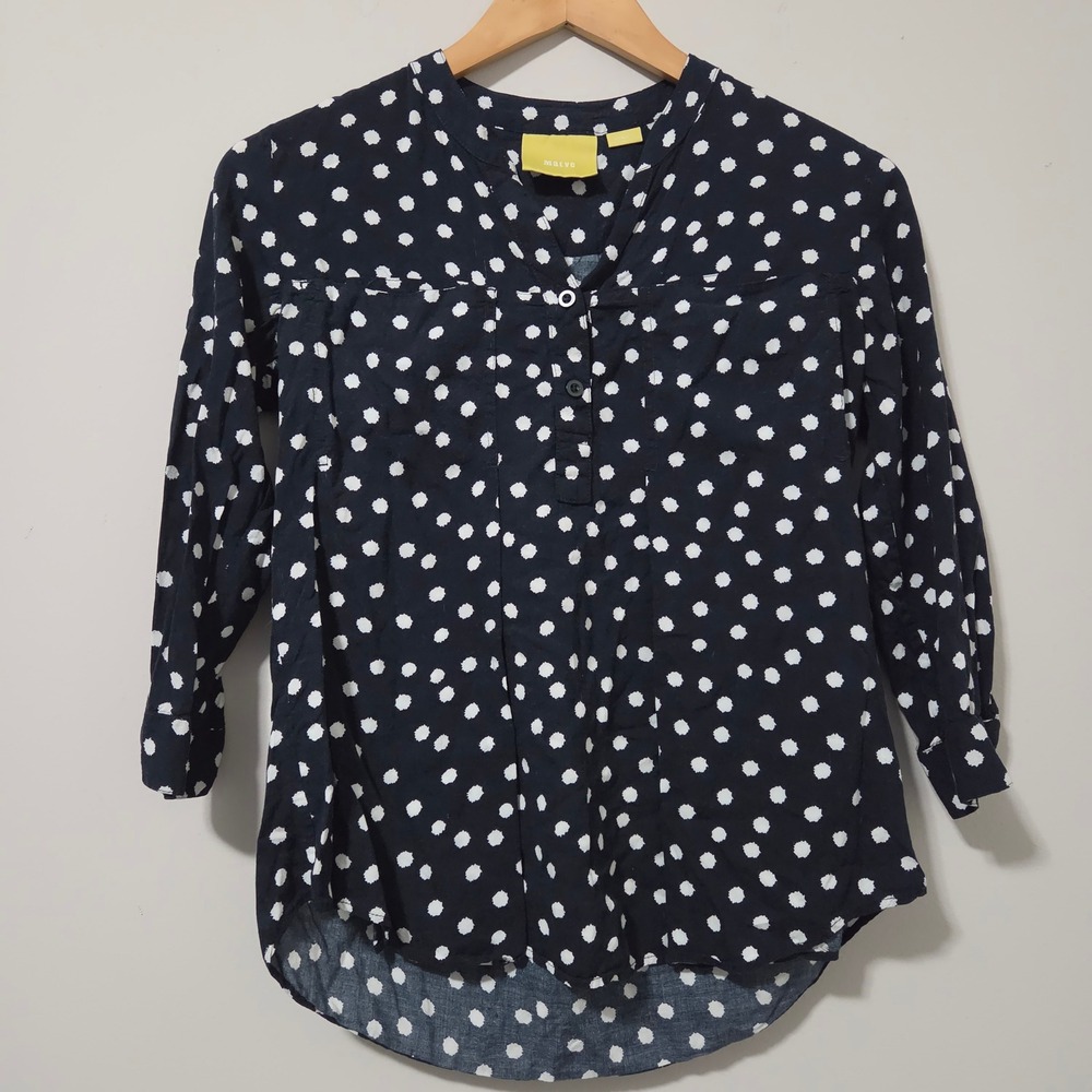 Maeve Anthropologie Navy Blue Polka Dot Henley Blouse 3/4 Sleeve Rayon XS